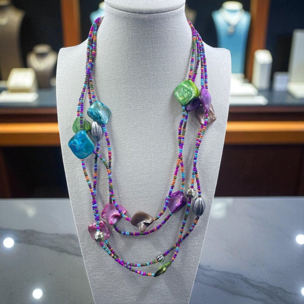 Colorful Beaded Shell Statement Necklace Artsy Whimsical Eclectic Festival‎ Boho